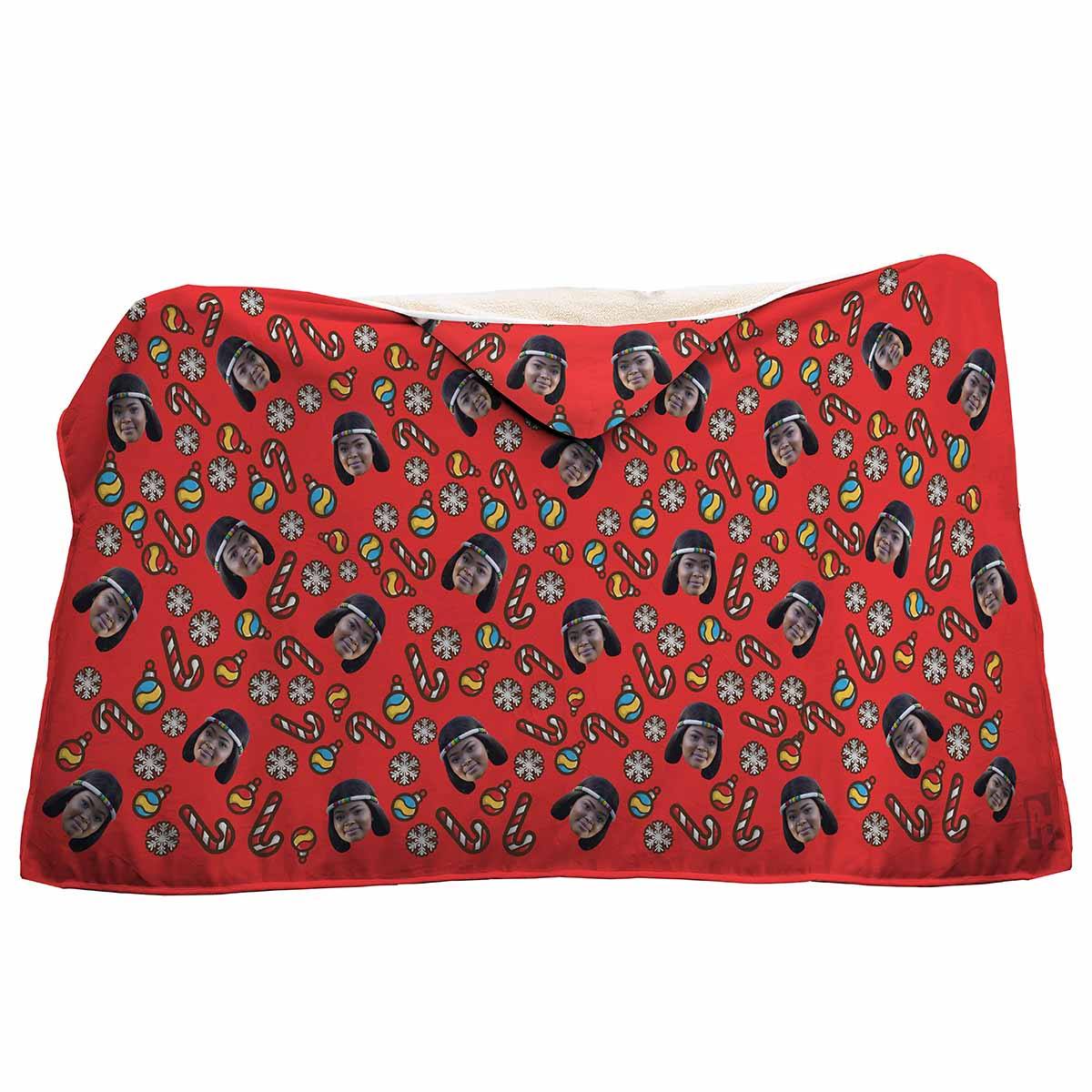 red Christmas Tree Toy hooded blanket personalized with photo of face printed on it