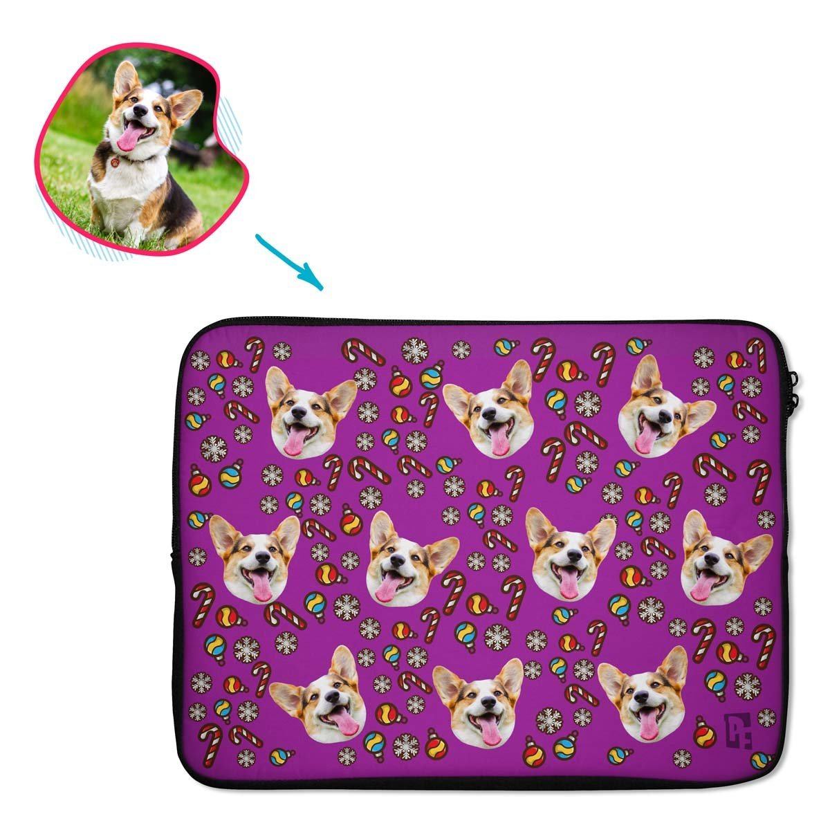 purple Christmas Tree Toy laptop sleeve personalized with photo of face printed on them