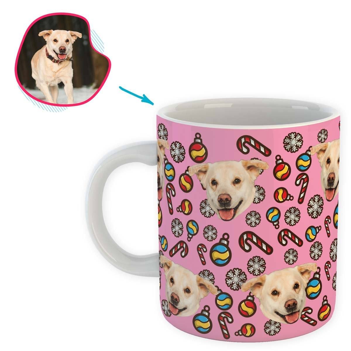 pink Christmas Tree Toy mug personalized with photo of face printed on it