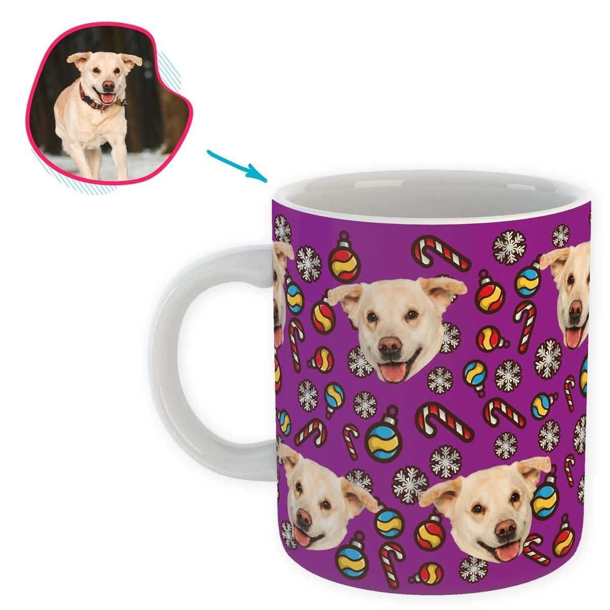 purple Christmas Tree Toy mug personalized with photo of face printed on it