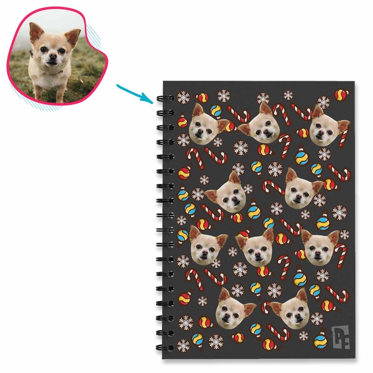 dark Christmas Tree Toy Notebook personalized with photo of face printed on them