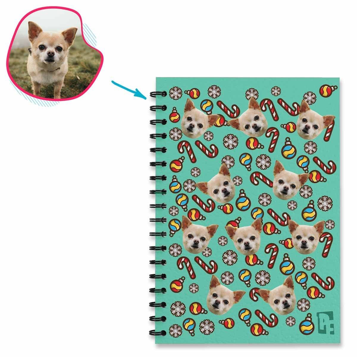 mint Christmas Tree Toy Notebook personalized with photo of face printed on them