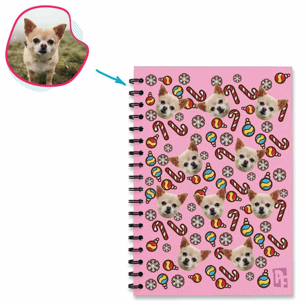 pink Christmas Tree Toy Notebook personalized with photo of face printed on them