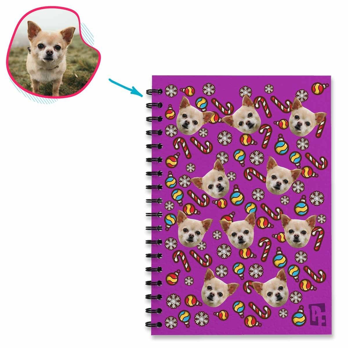 purple Christmas Tree Toy Notebook personalized with photo of face printed on them