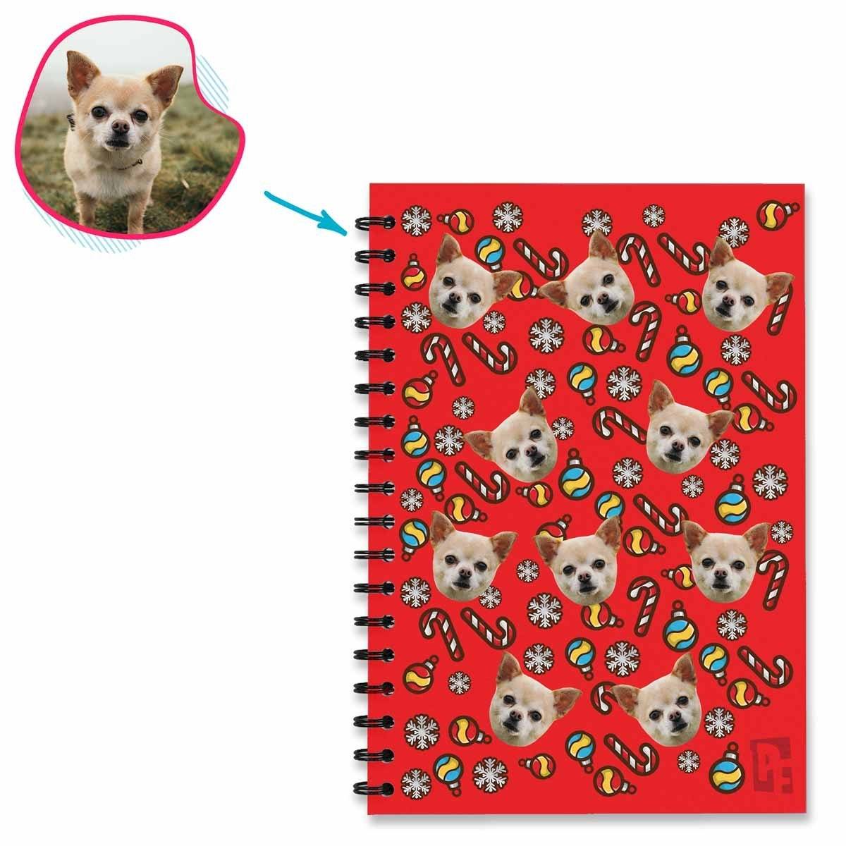 red Christmas Tree Toy Notebook personalized with photo of face printed on them