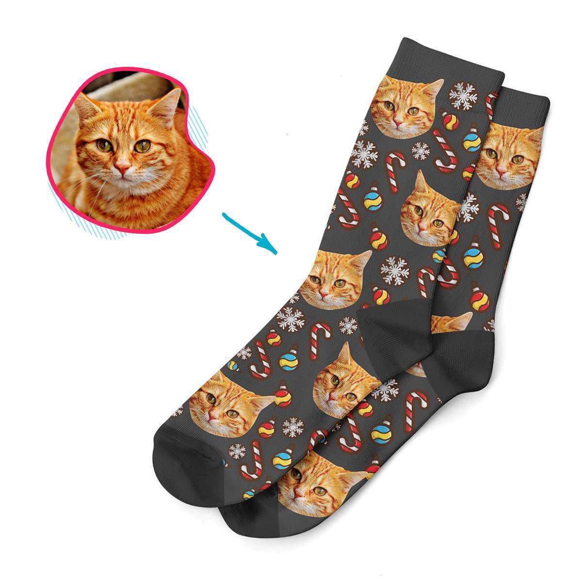 dark Christmas Tree Toy socks personalized with photo of face printed on them