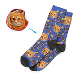 Load image into Gallery viewer, darkblue Christmas Tree Toy socks personalized with photo of face printed on them
