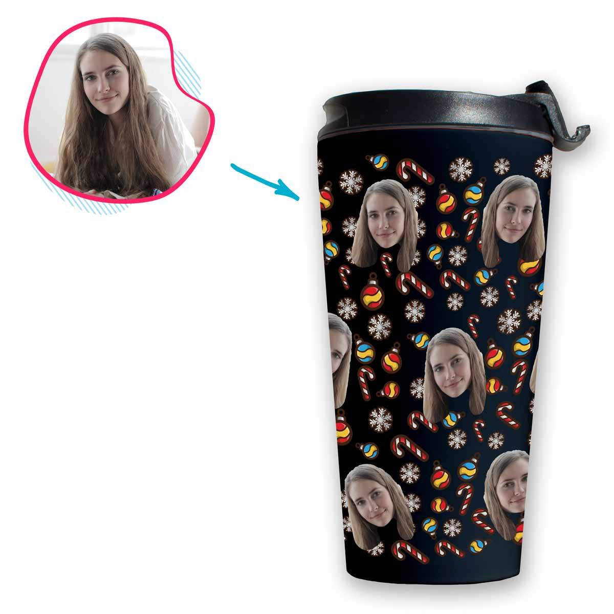 dark Christmas Tree Toy travel mug personalized with photo of face printed on it