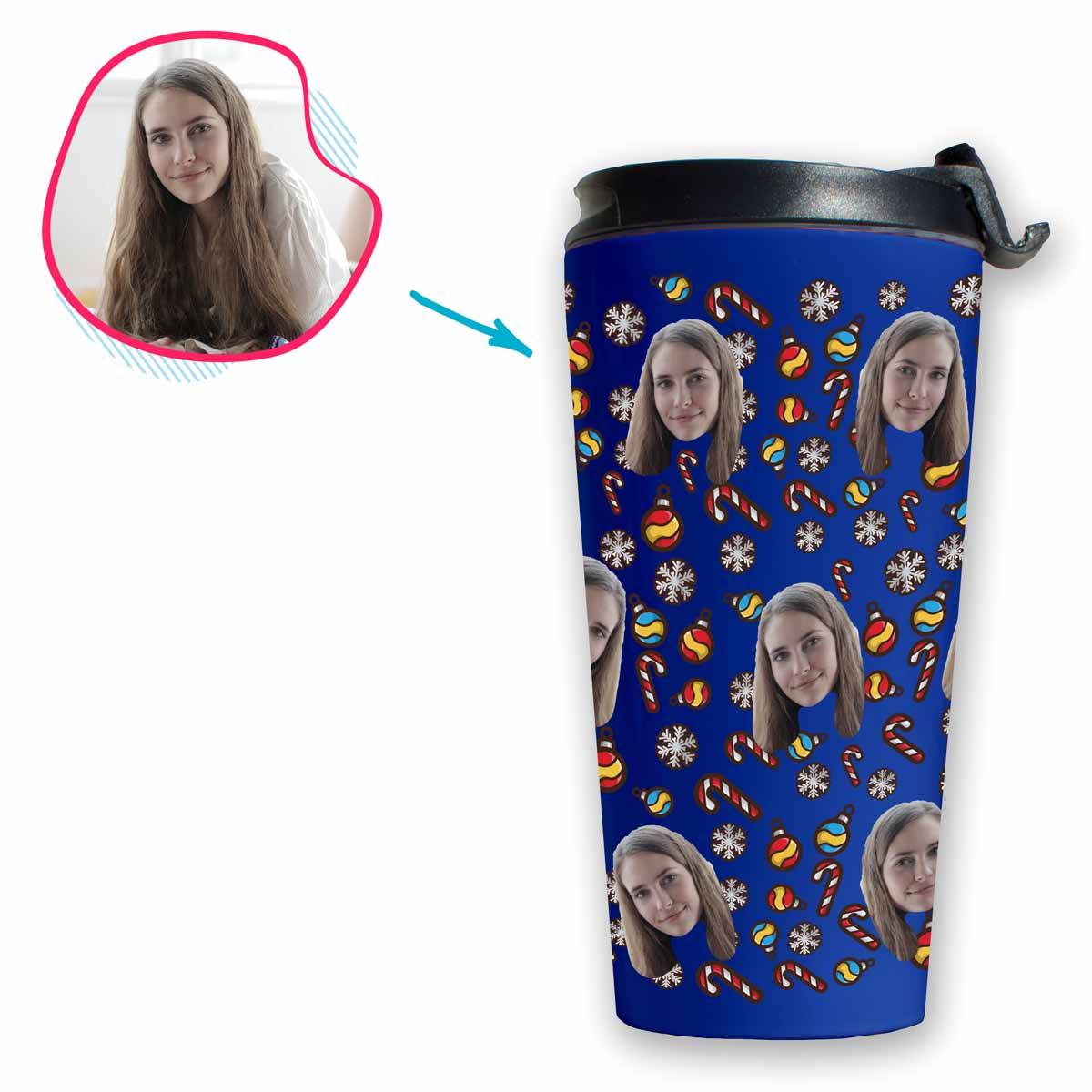 darkblue Christmas Tree Toy travel mug personalized with photo of face printed on it