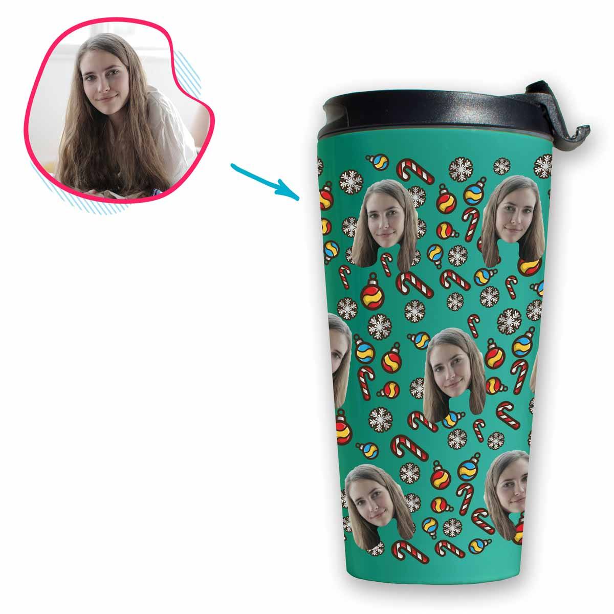 mint Christmas Tree Toy travel mug personalized with photo of face printed on it