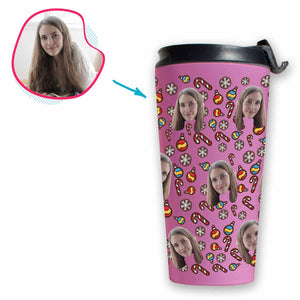 pink Christmas Tree Toy travel mug personalized with photo of face printed on it