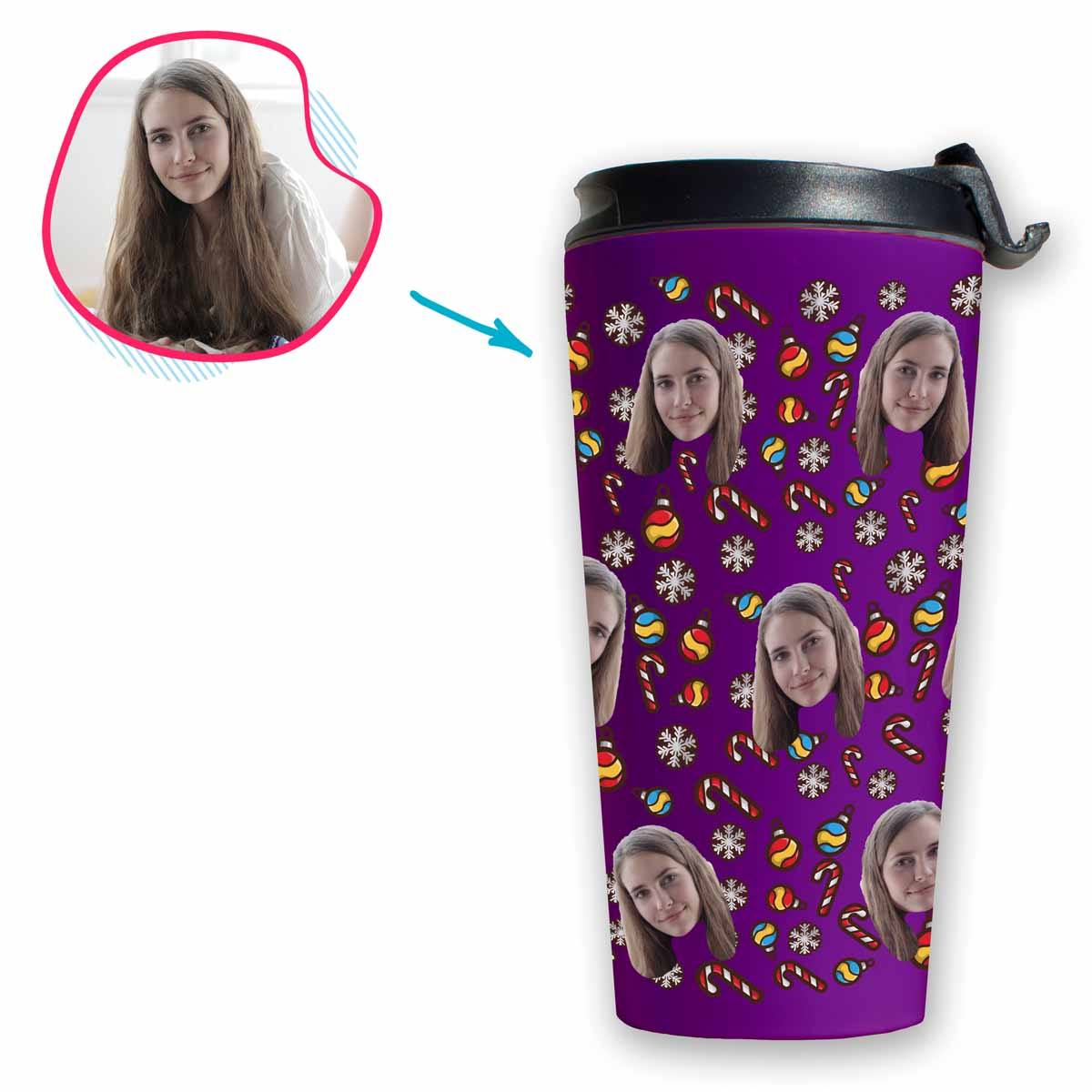 purple Christmas Tree Toy travel mug personalized with photo of face printed on it