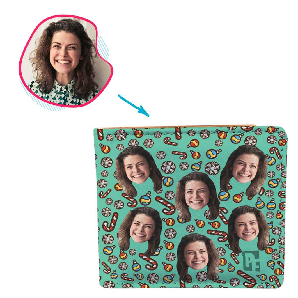mint Christmas Tree Toy wallet personalized with photo of face printed on it