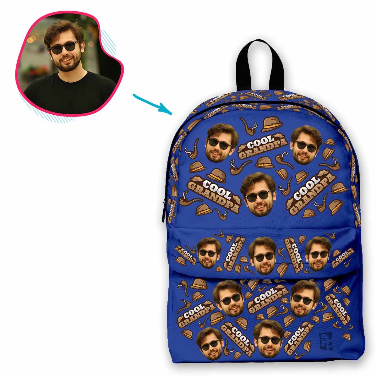 darkblue Cool Grandfather classic backpack personalized with photo of face printed on it