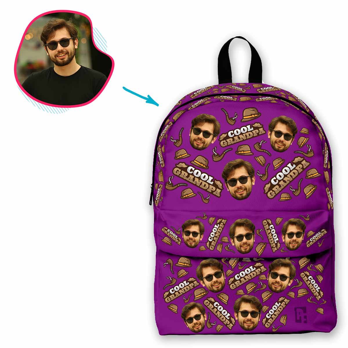 purple Cool Grandfather classic backpack personalized with photo of face printed on it