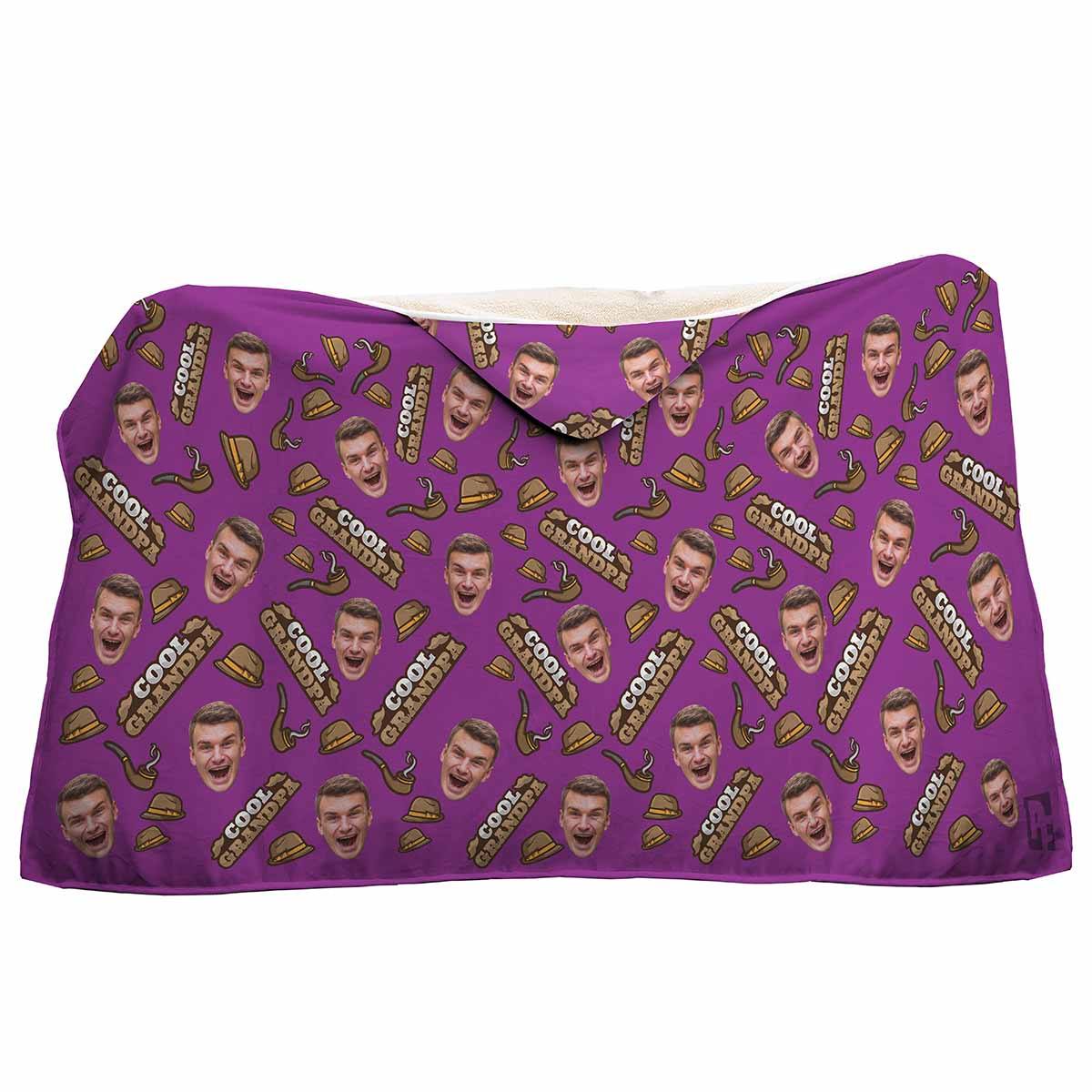 purple Cool Grandfather hooded blanket personalized with photo of face printed on it