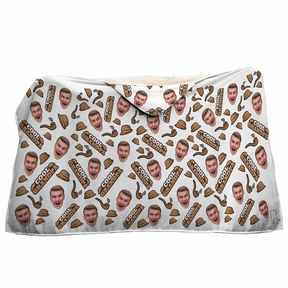 white Cool Grandfather hooded blanket personalized with photo of face printed on it