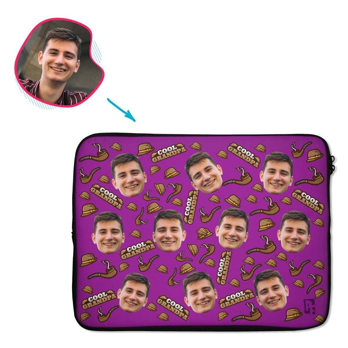 purple Cool Grandfather laptop sleeve personalized with photo of face printed on them