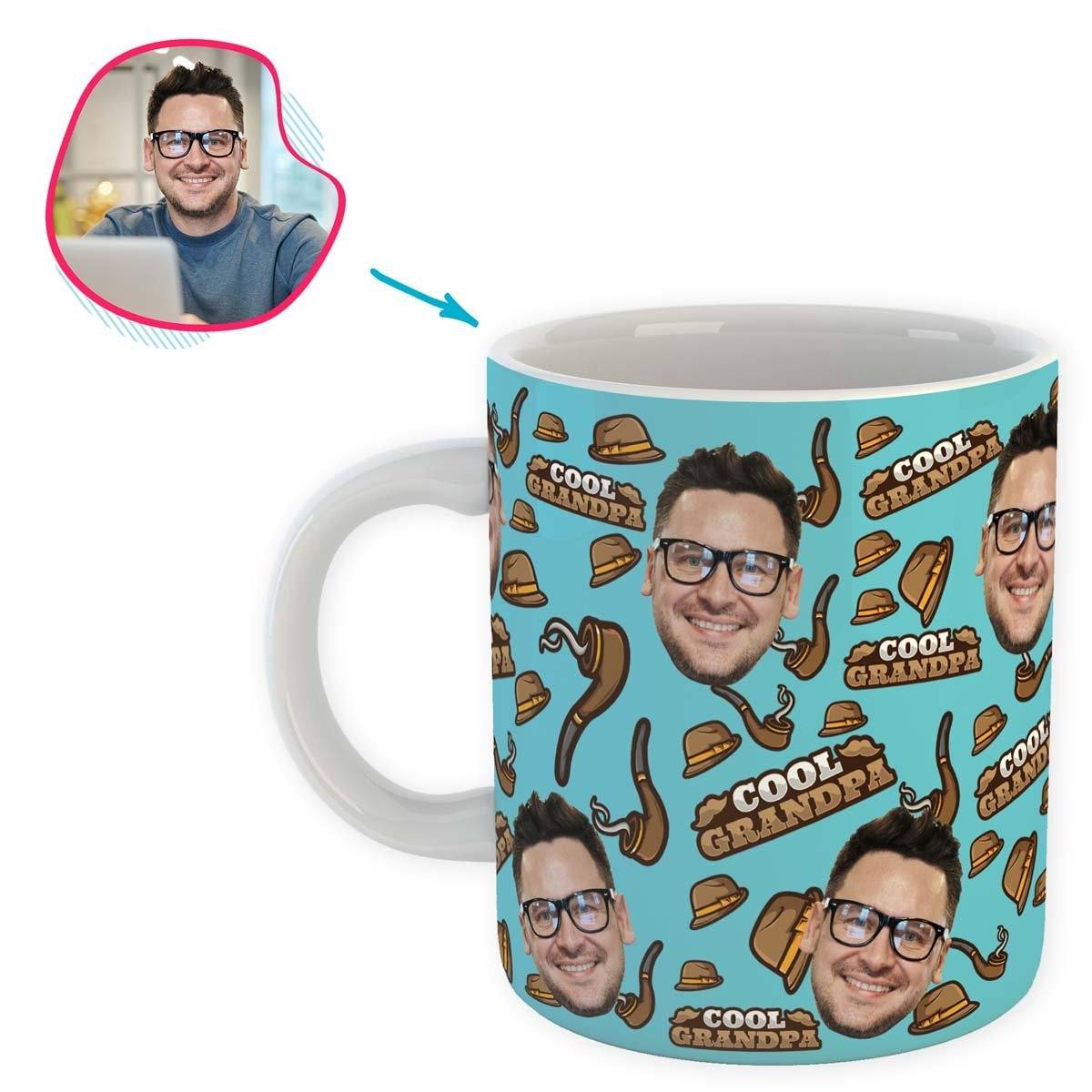 blue Cool Grandfather mug personalized with photo of face printed on it