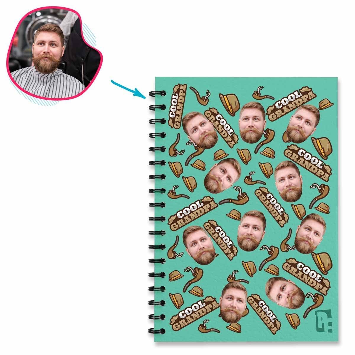 mint Cool Grandfather Notebook personalized with photo of face printed on them