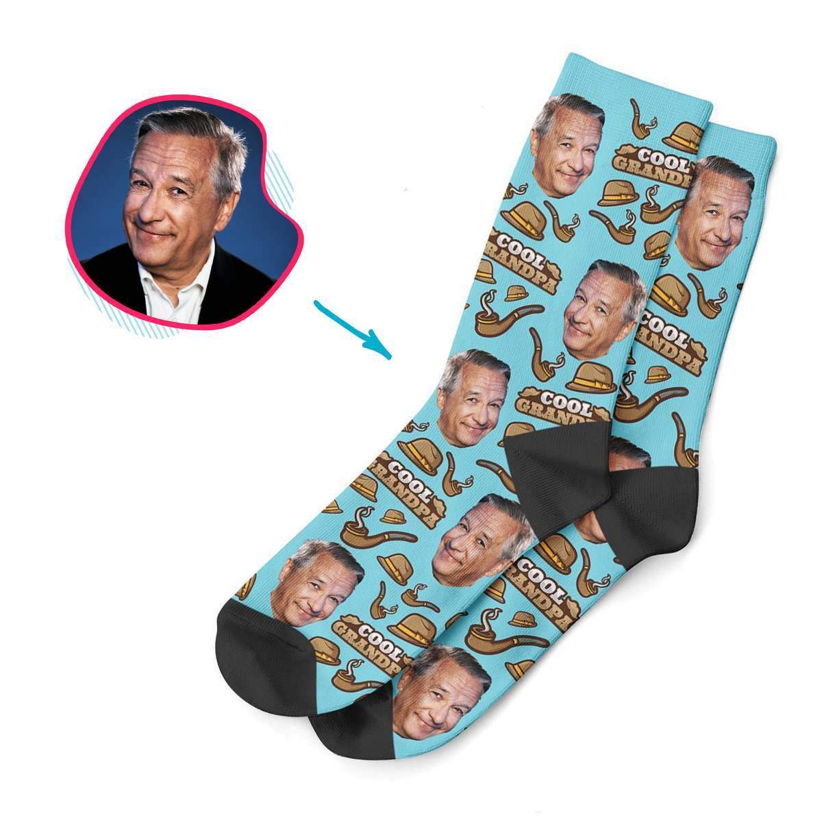 blue Cool Grandfather socks personalized with photo of face printed on them