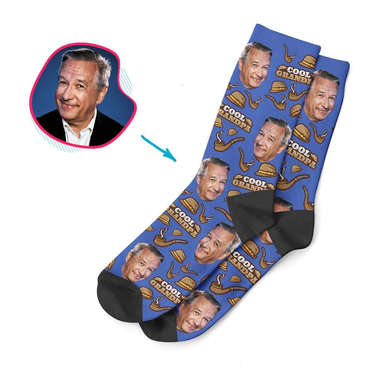 darkblue Cool Grandfather socks personalized with photo of face printed on them