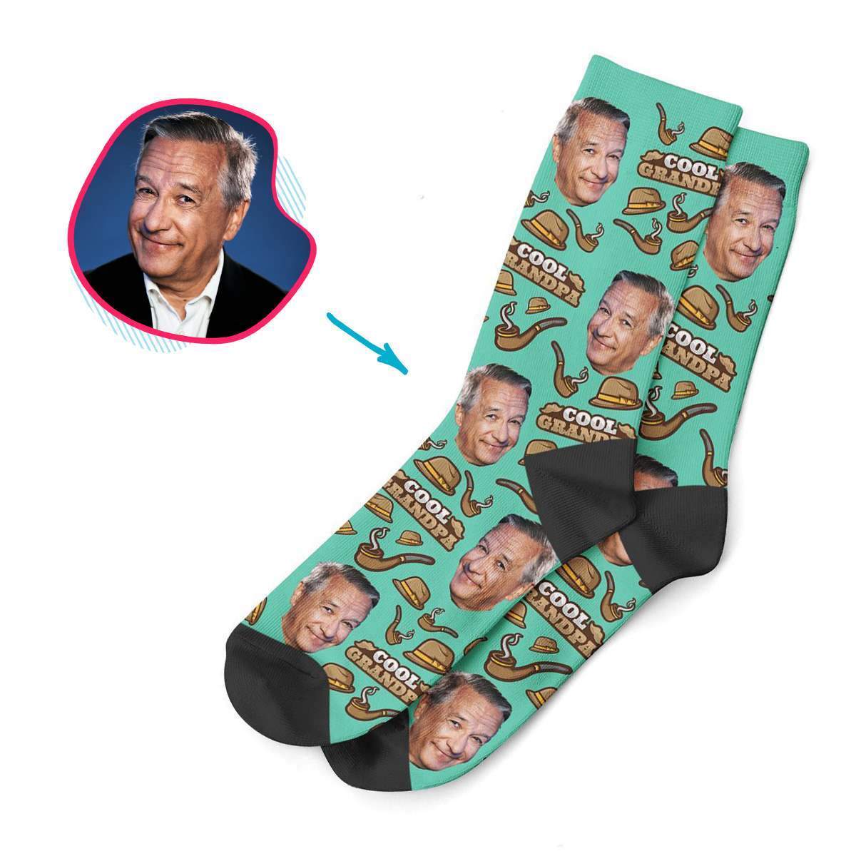 mint Cool Grandfather socks personalized with photo of face printed on them