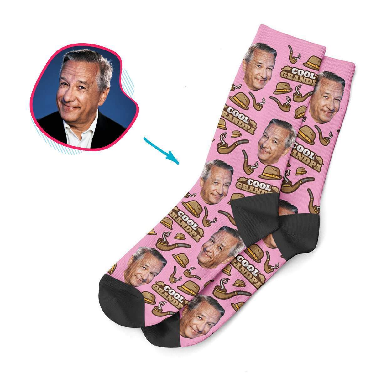 pink Cool Grandfather socks personalized with photo of face printed on them
