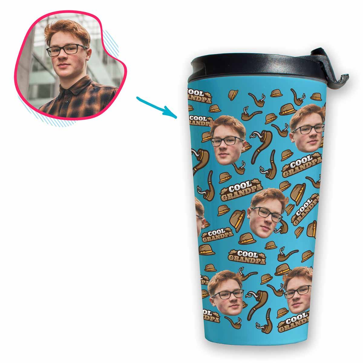 blue Cool Grandfather travel mug personalized with photo of face printed on it