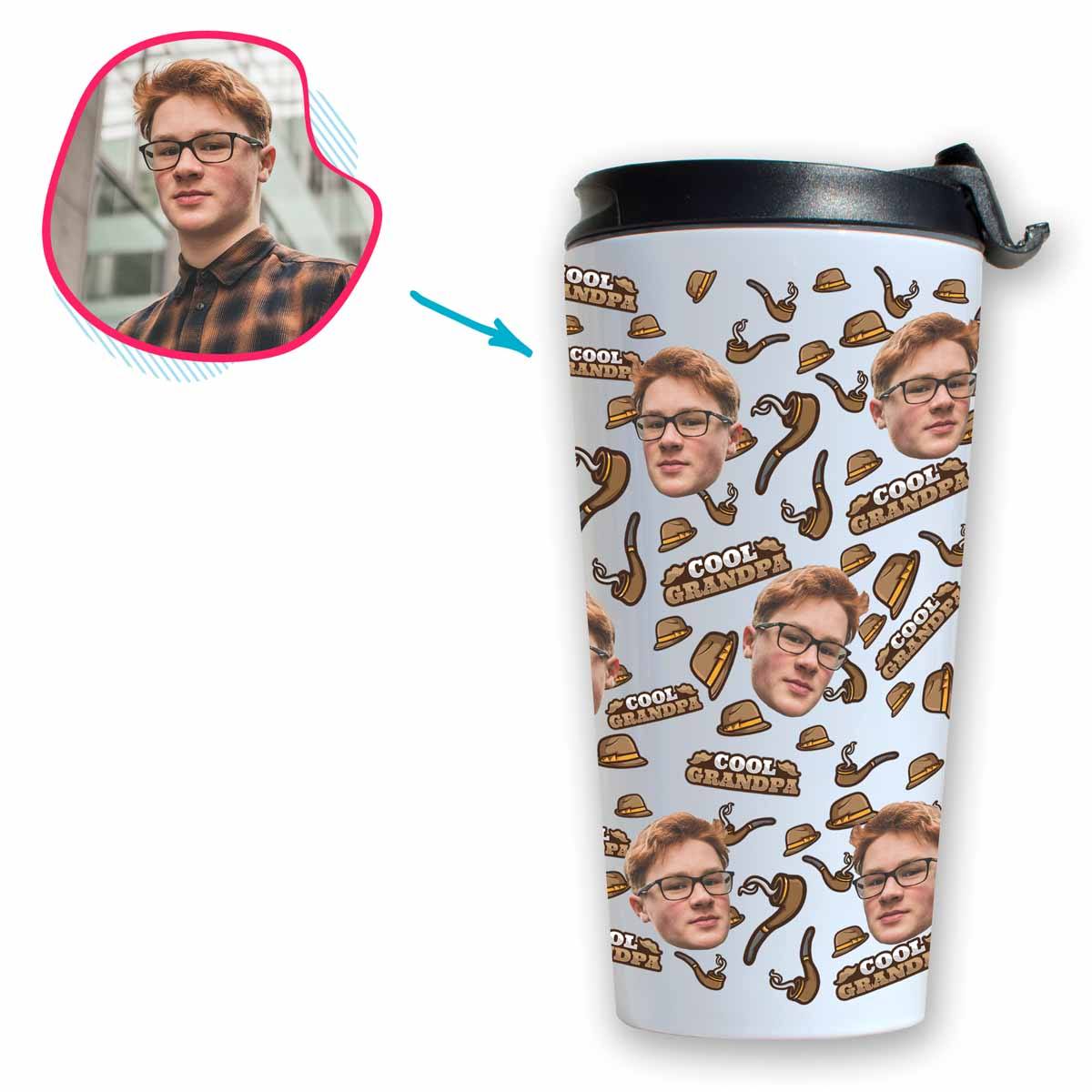 white Cool Grandfather travel mug personalized with photo of face printed on it