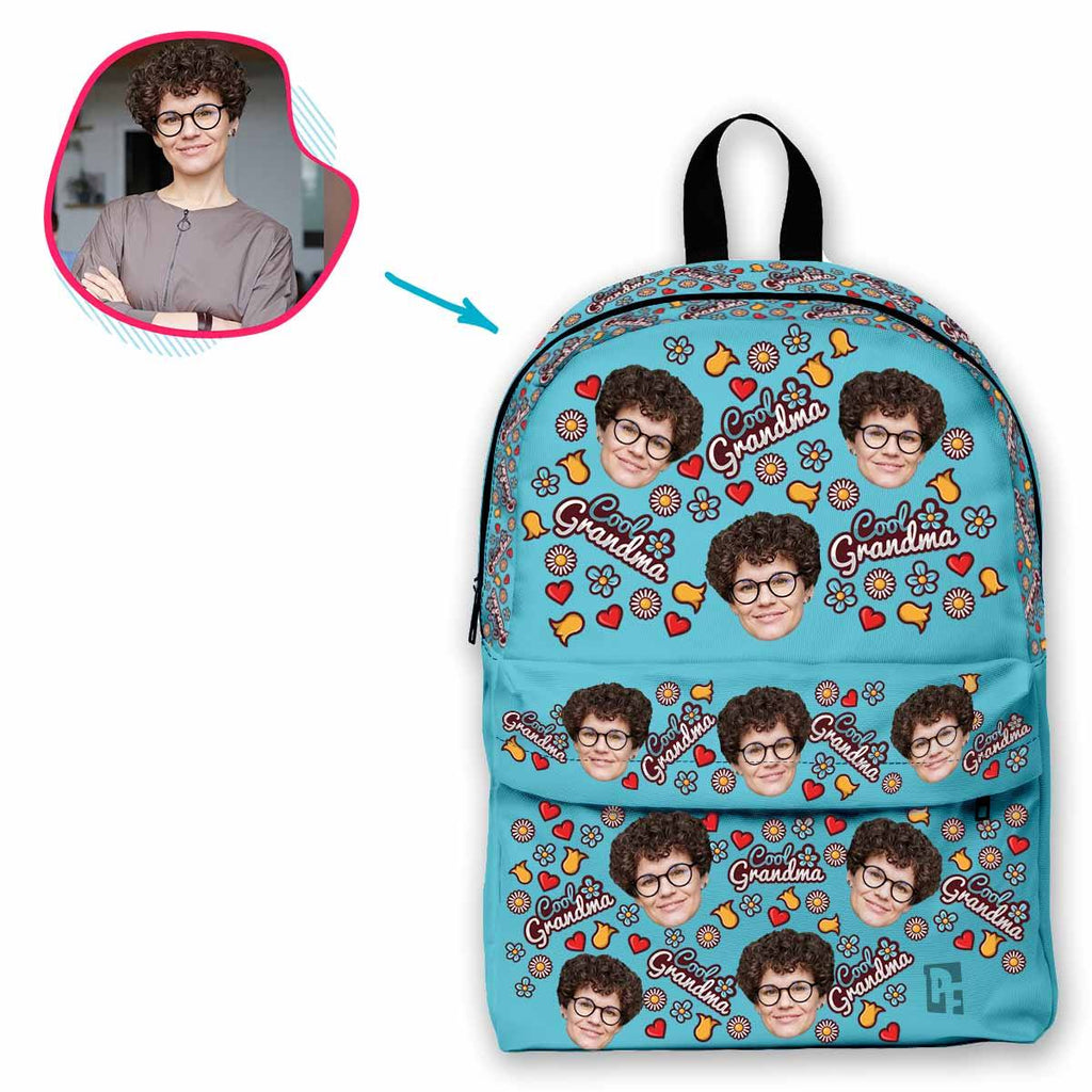 blue Cool Grandmother classic backpack personalized with photo of face printed on it