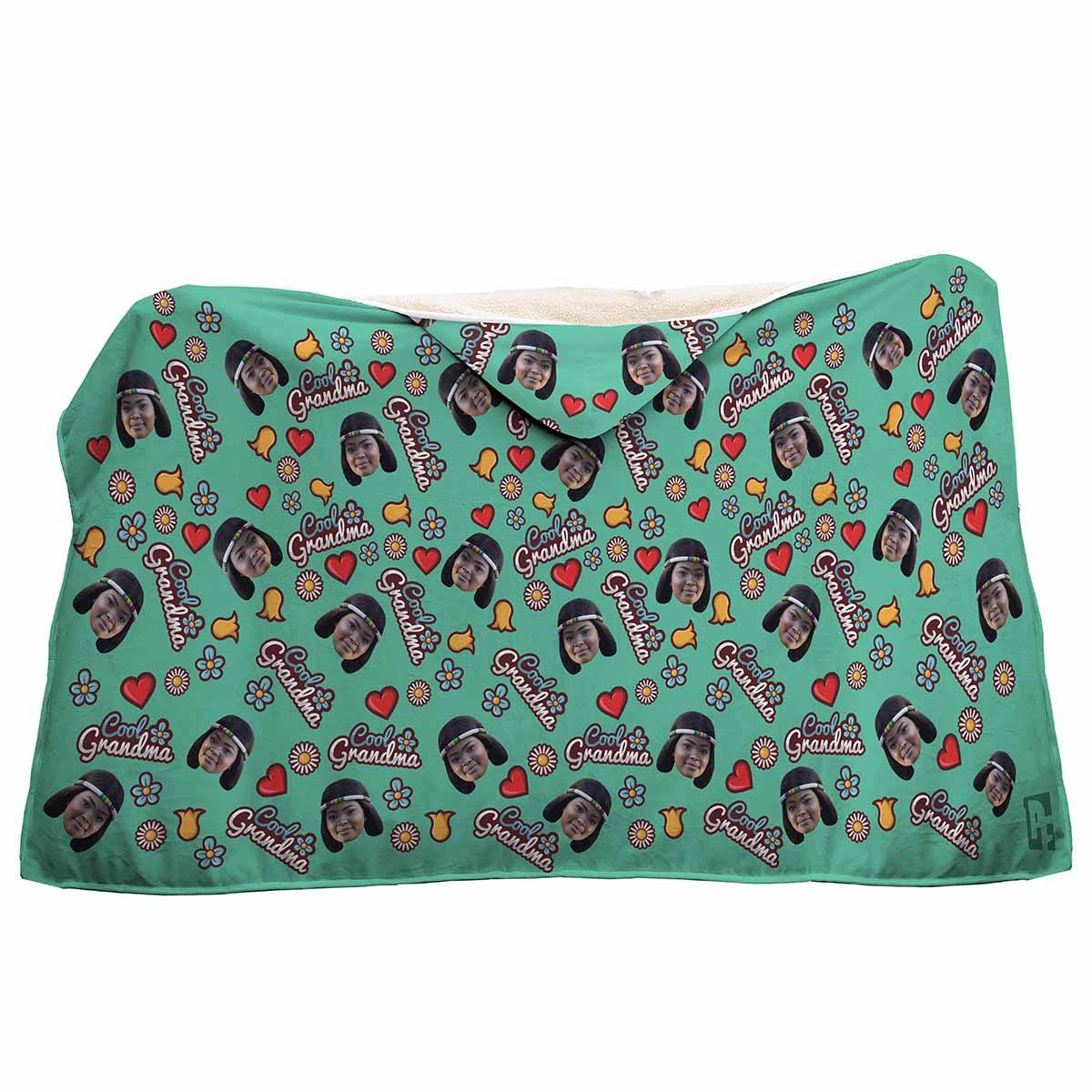 mint Cool Grandmother hooded blanket personalized with photo of face printed on it