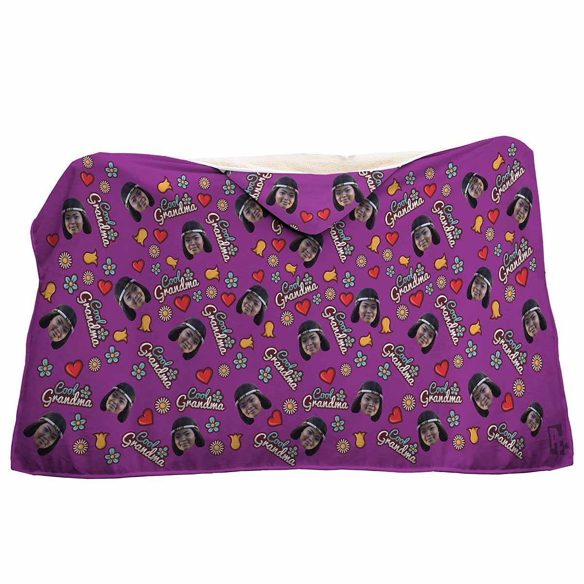 purple Cool Grandmother hooded blanket personalized with photo of face printed on it