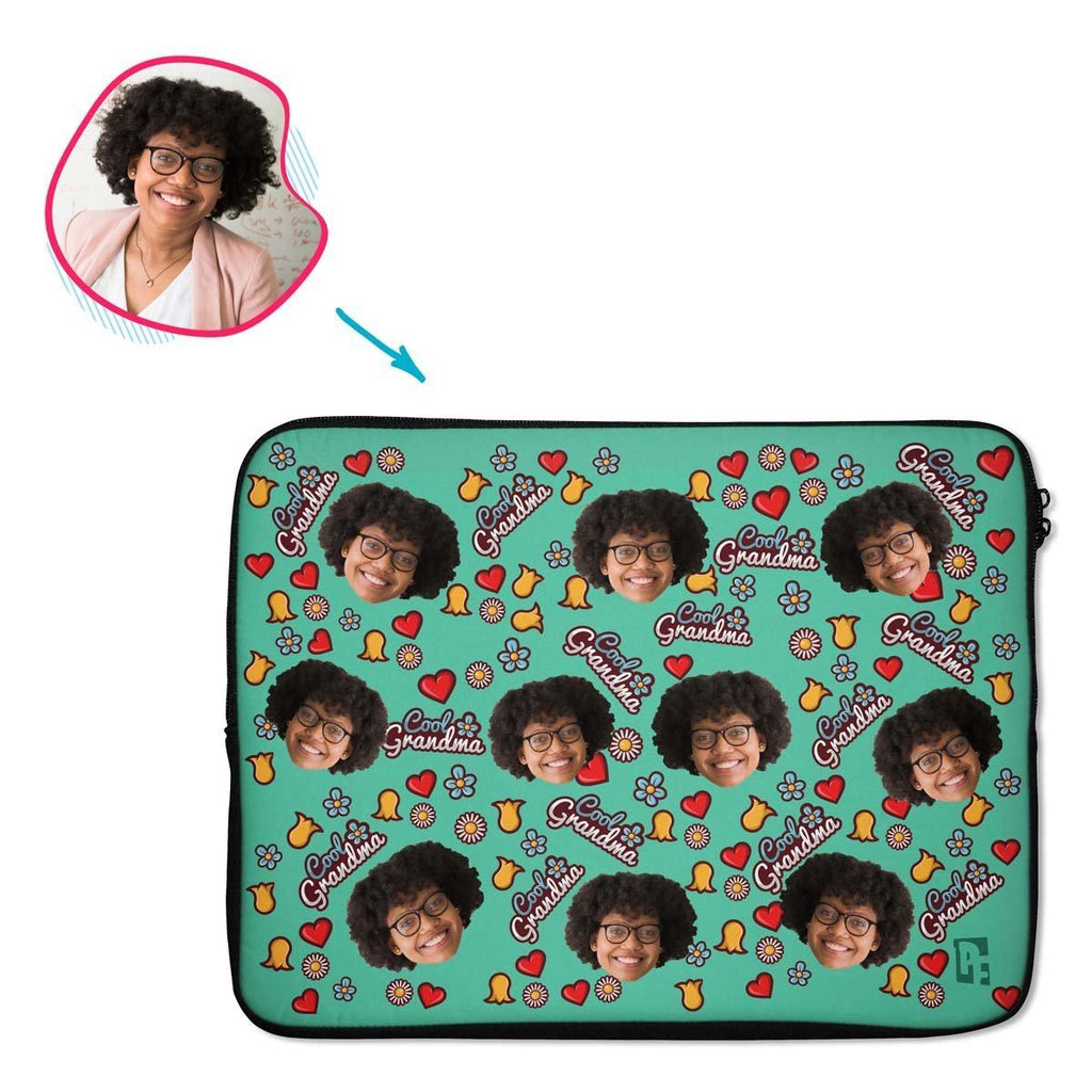 mint Cool Grandmother laptop sleeve personalized with photo of face printed on them