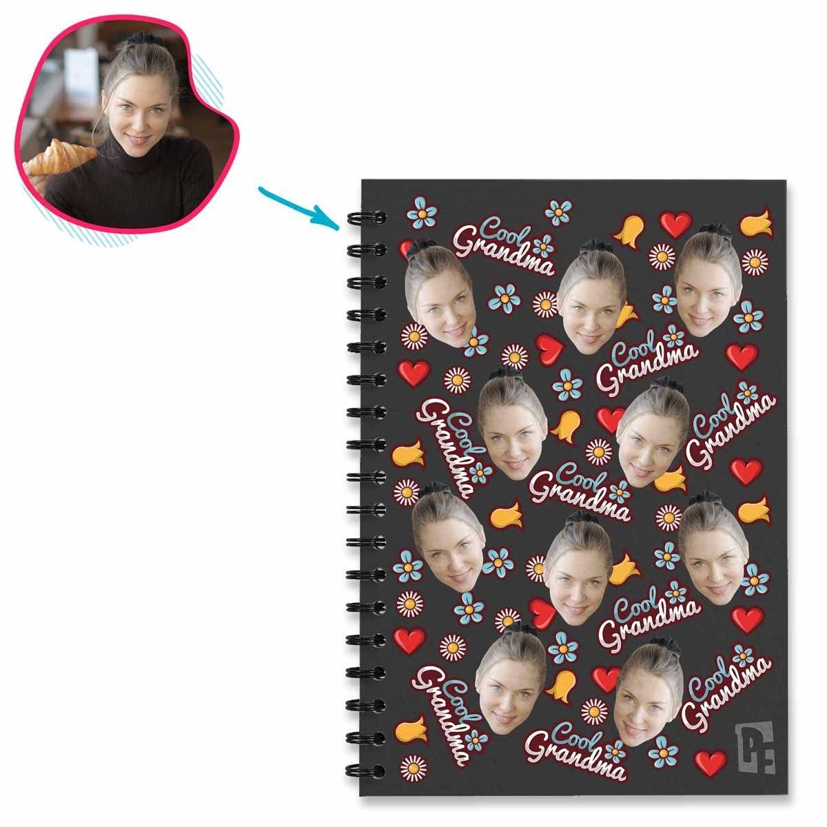 dark Cool Grandmother Notebook personalized with photo of face printed on them