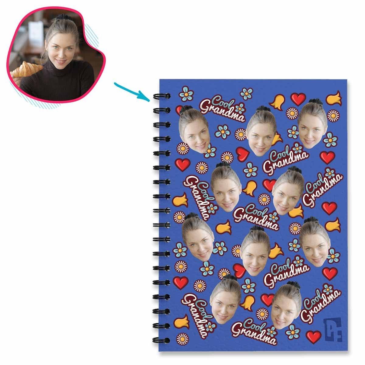 darkblue Cool Grandmother Notebook personalized with photo of face printed on them