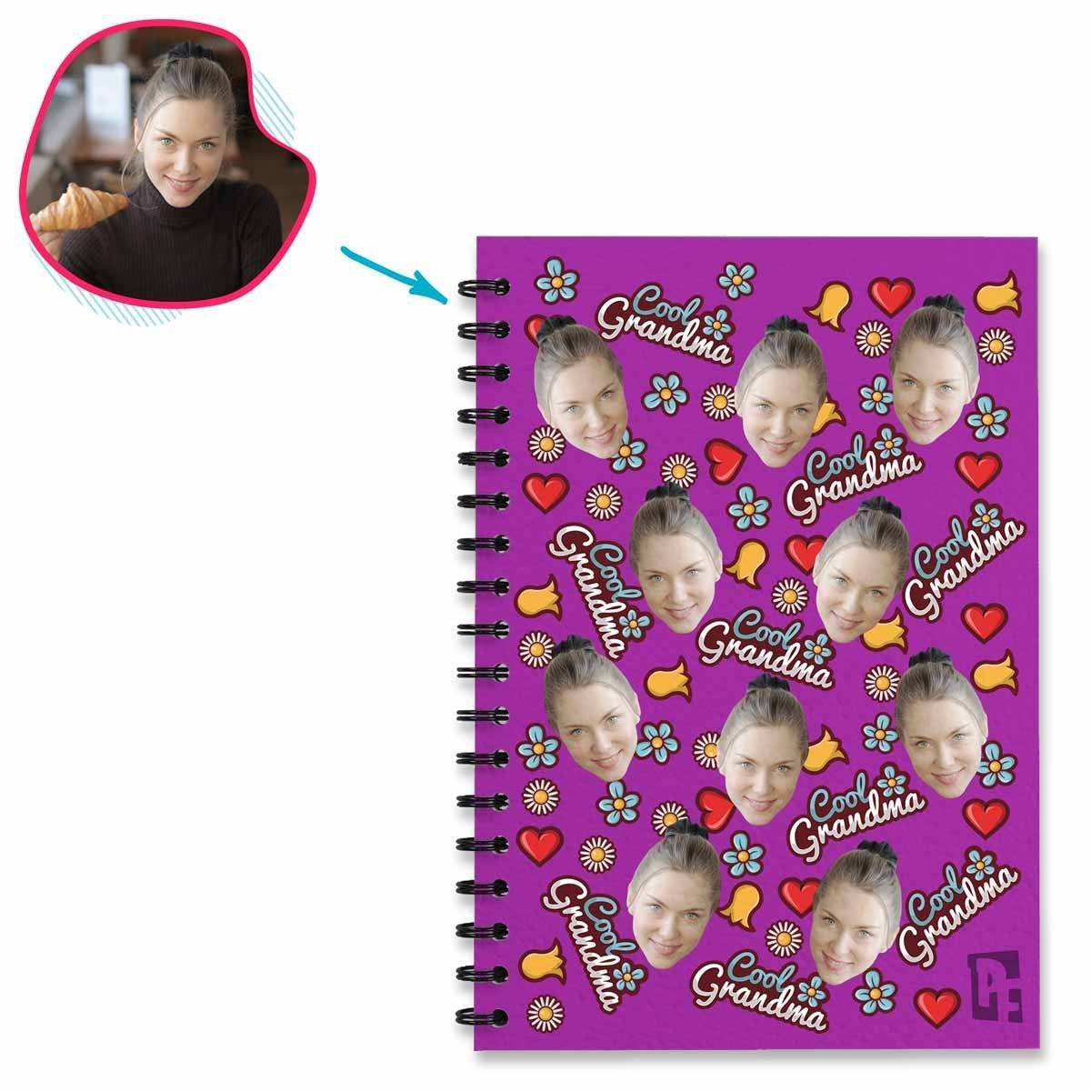 purple Cool Grandmother Notebook personalized with photo of face printed on them