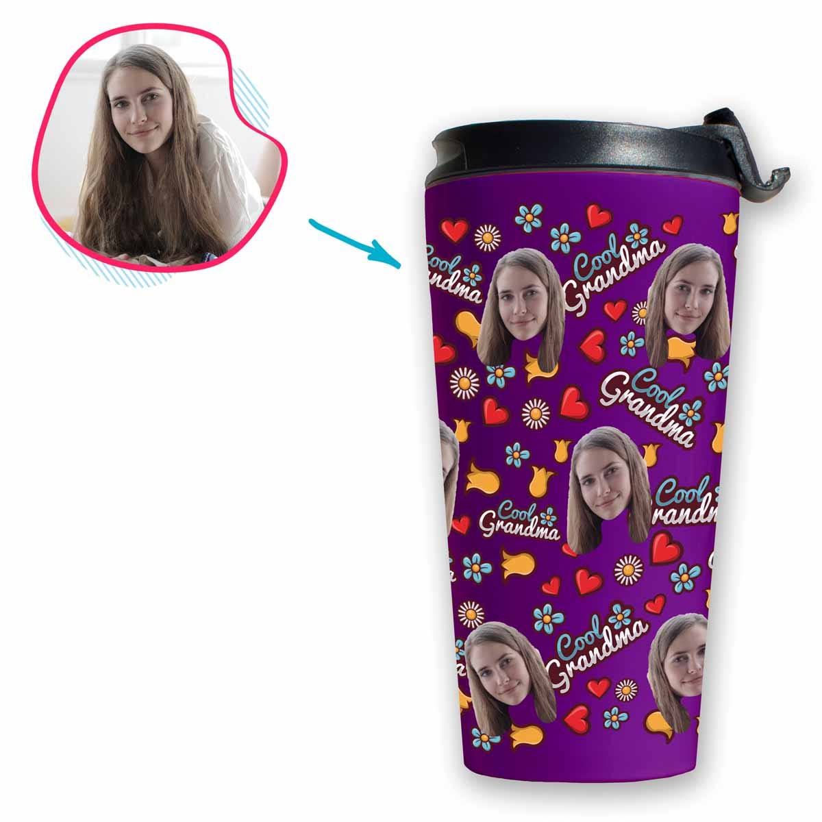 purple Cool Grandmother travel mug personalized with photo of face printed on it