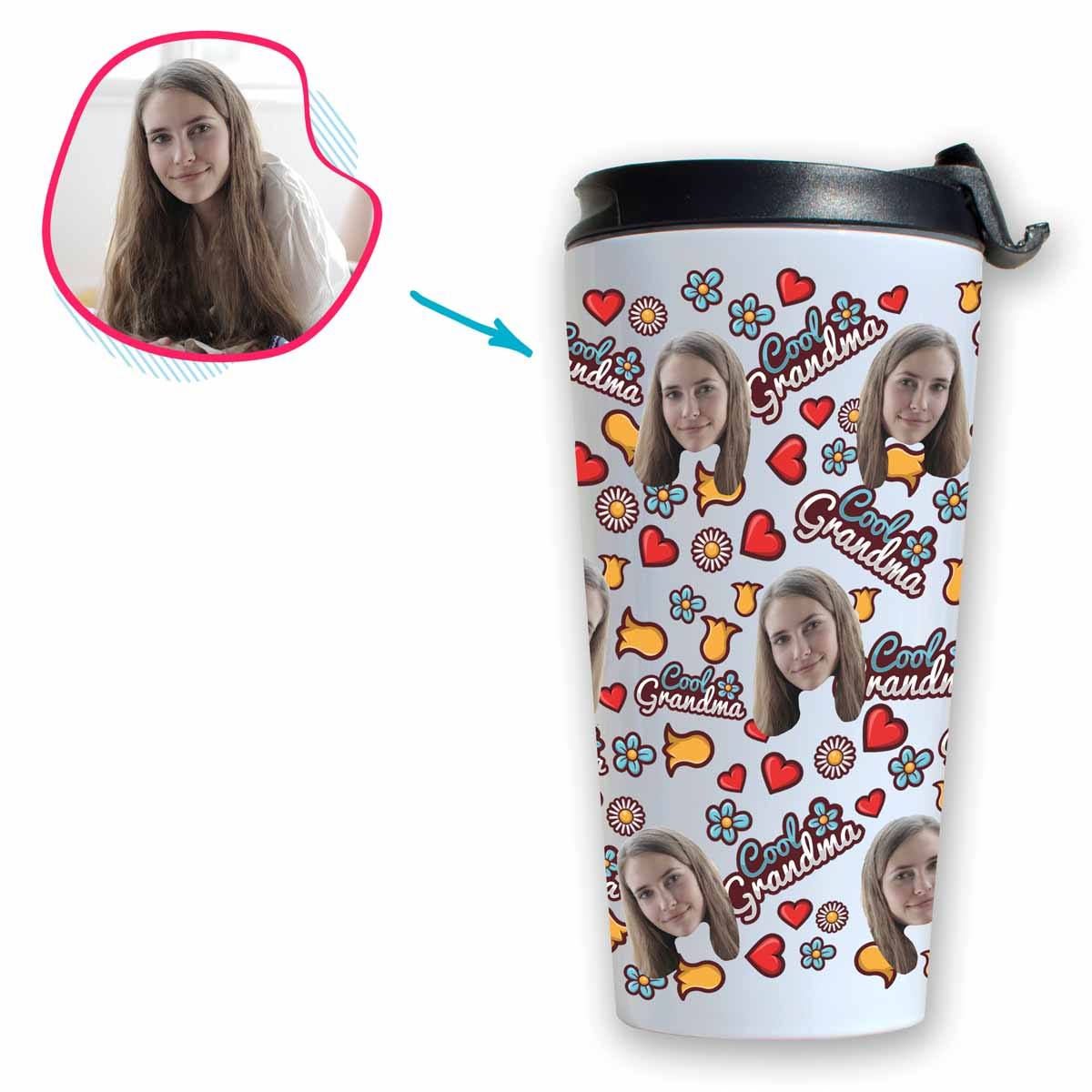 white Cool Grandmother travel mug personalized with photo of face printed on it