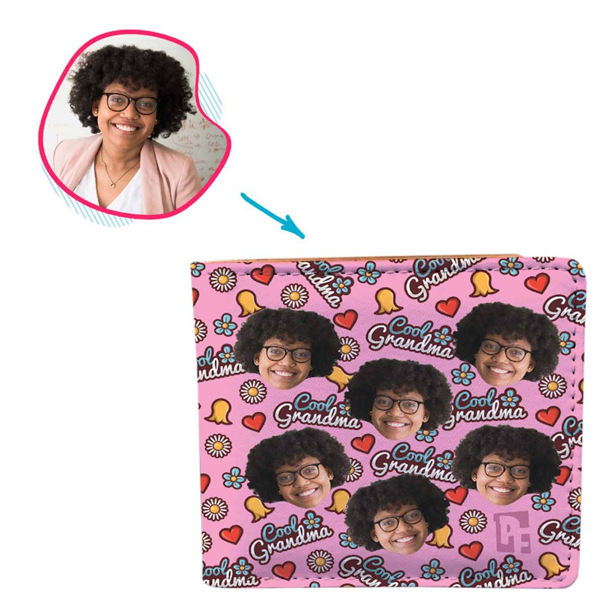 pink Cool Grandmother wallet personalized with photo of face printed on it