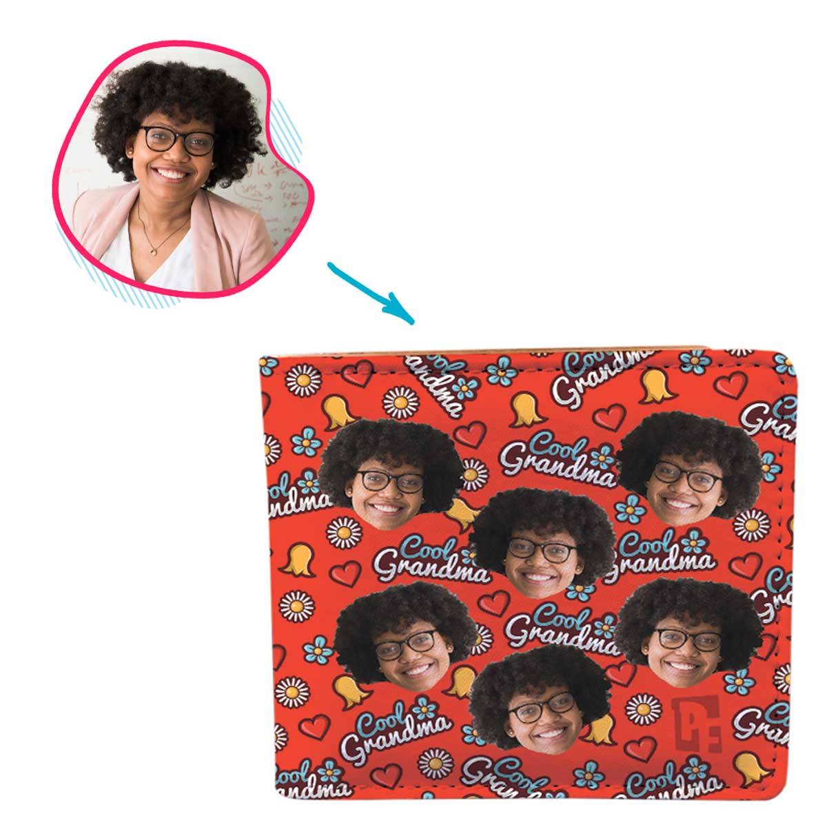 red Cool Grandmother wallet personalized with photo of face printed on it