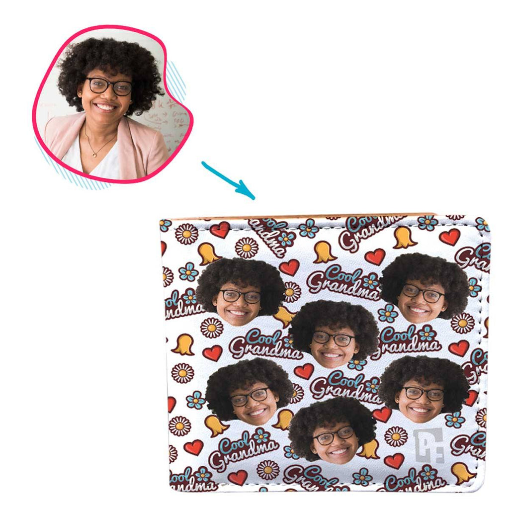 white Cool Grandmother wallet personalized with photo of face printed on it