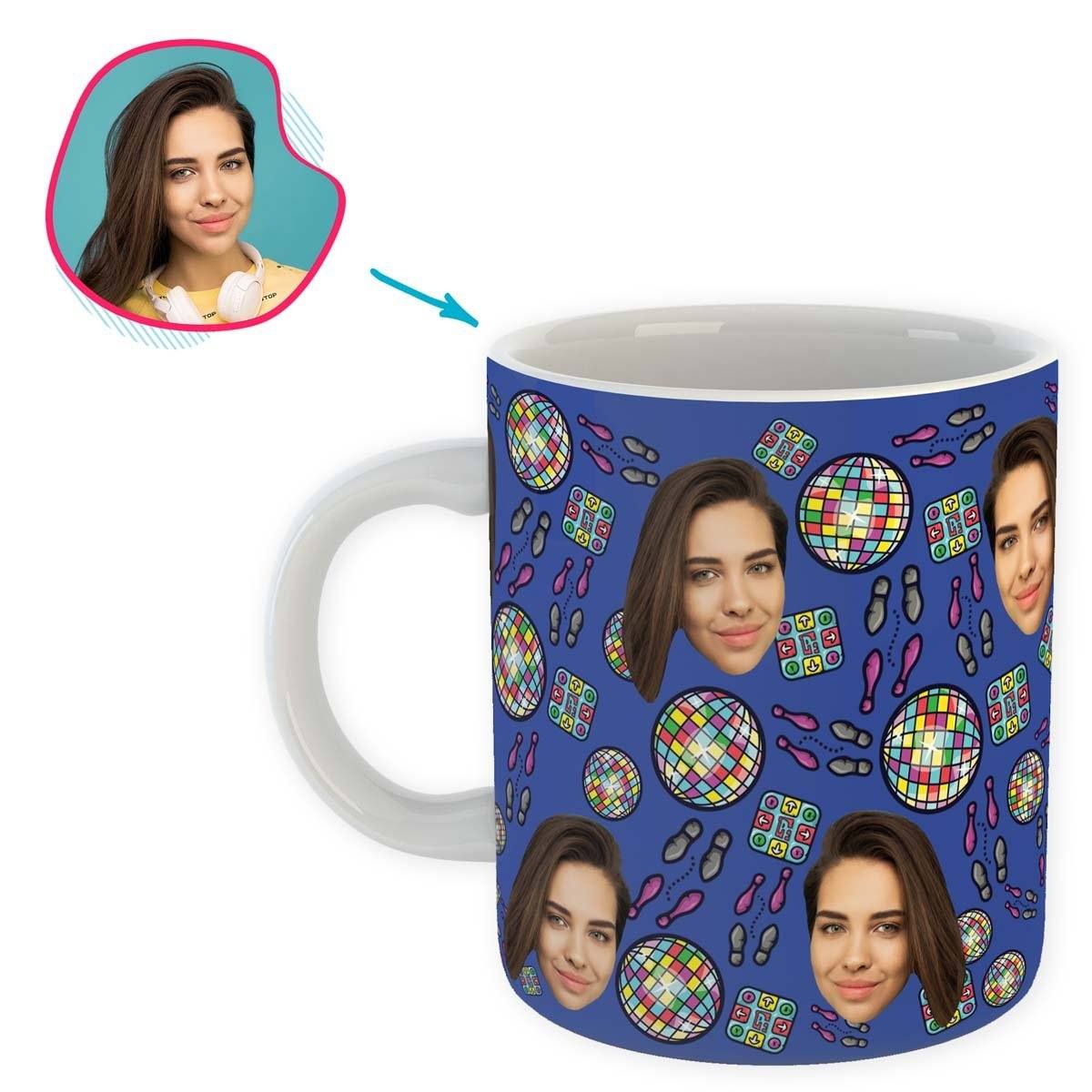darkblue Dancing mug personalized with photo of face printed on it