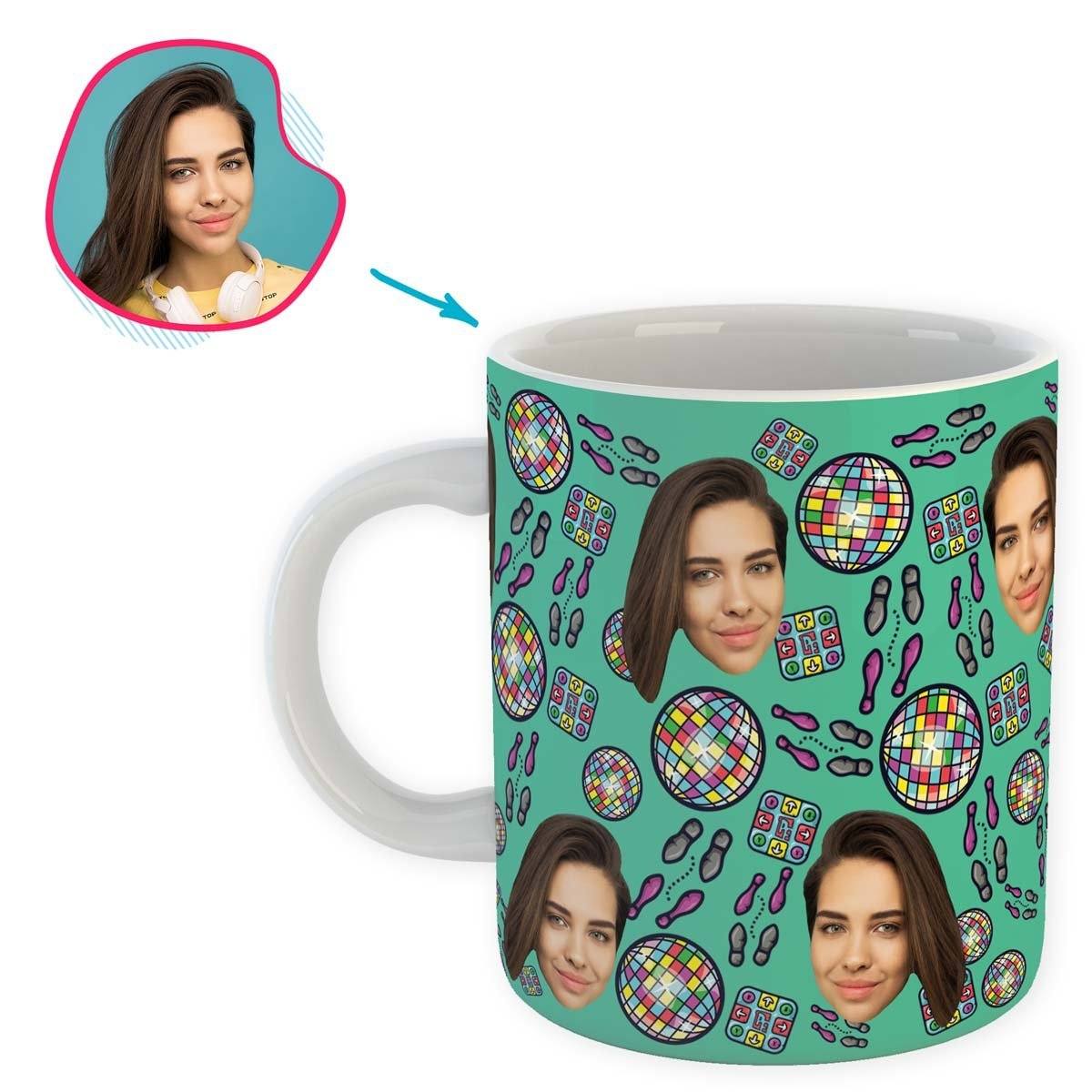 mint Dancing mug personalized with photo of face printed on it