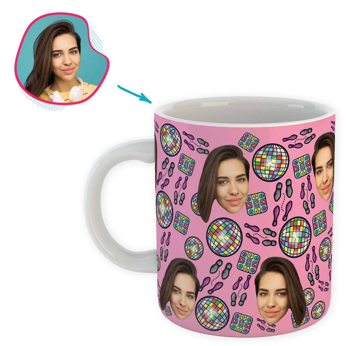 pink Dancing mug personalized with photo of face printed on it