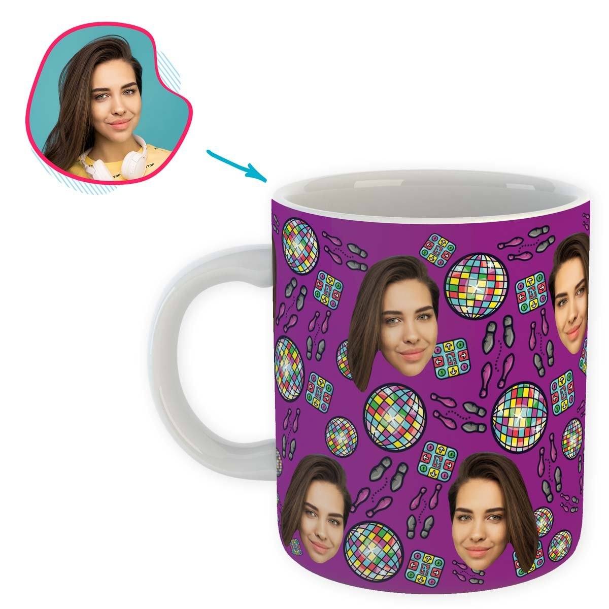purple Dancing mug personalized with photo of face printed on it