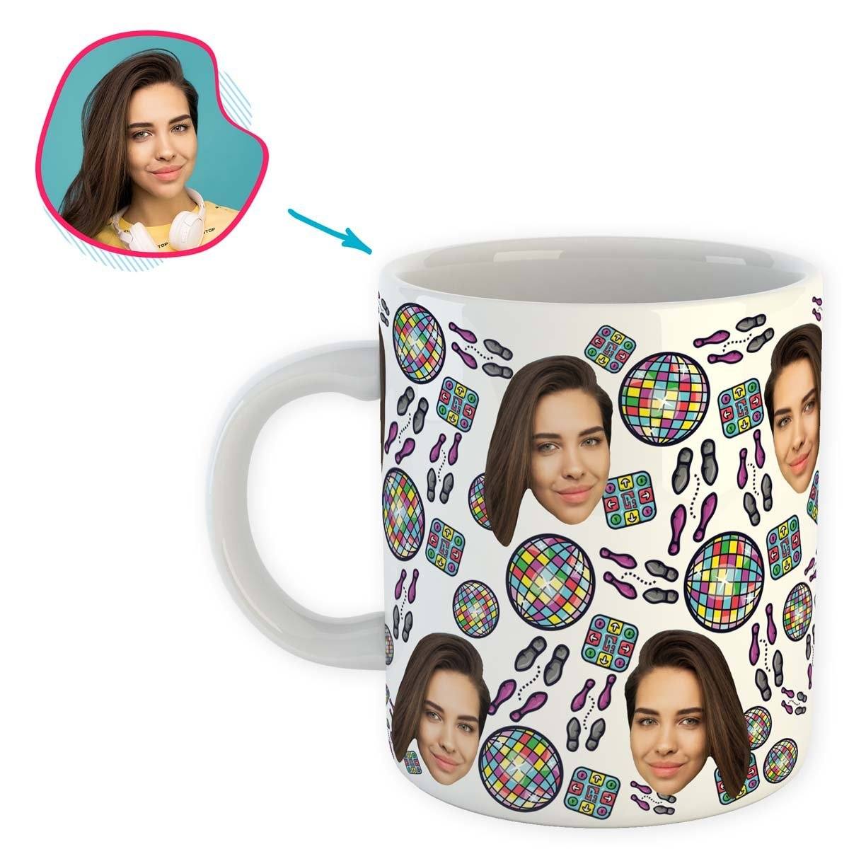 white Dancing mug personalized with photo of face printed on it