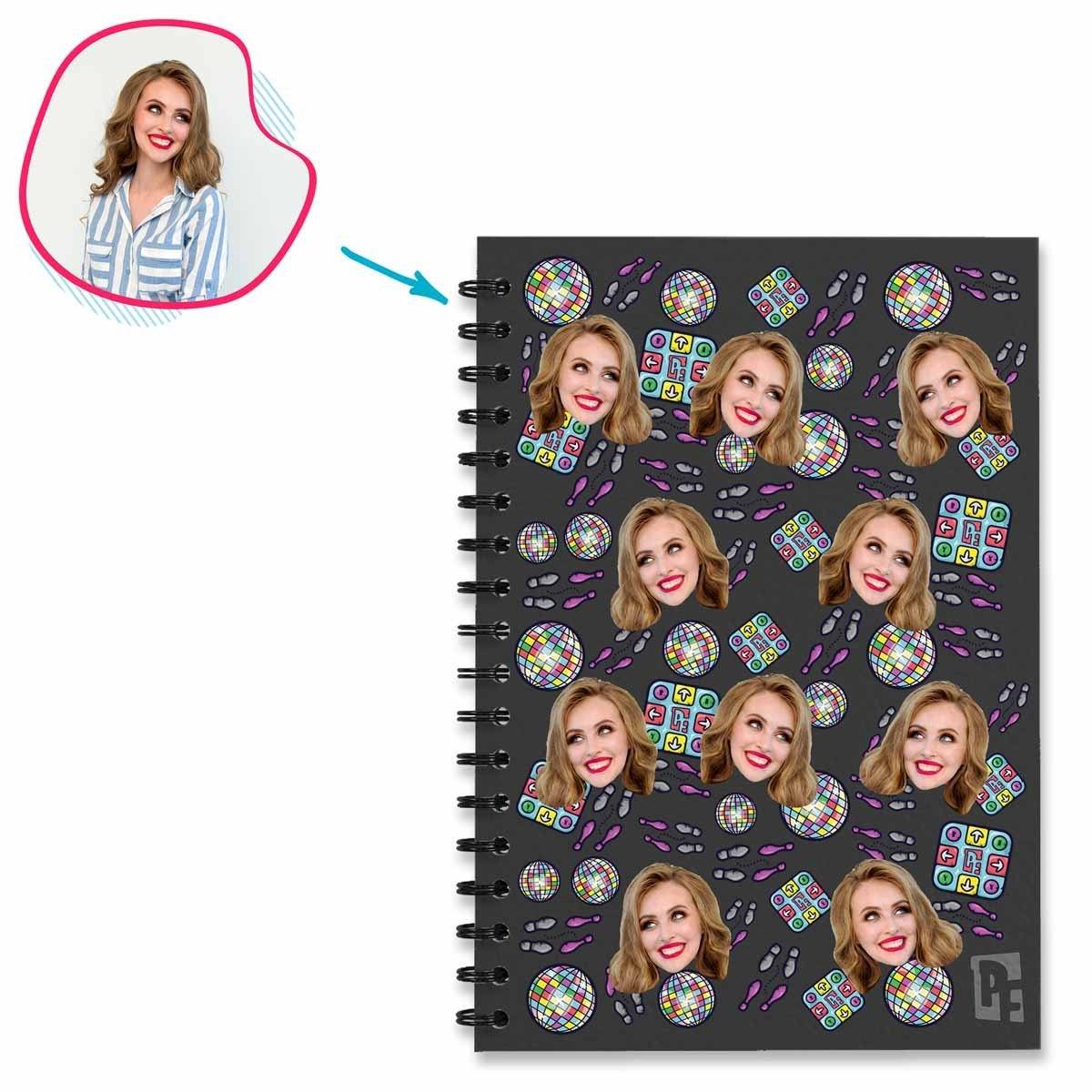 dark Dancing Notebook personalized with photo of face printed on them