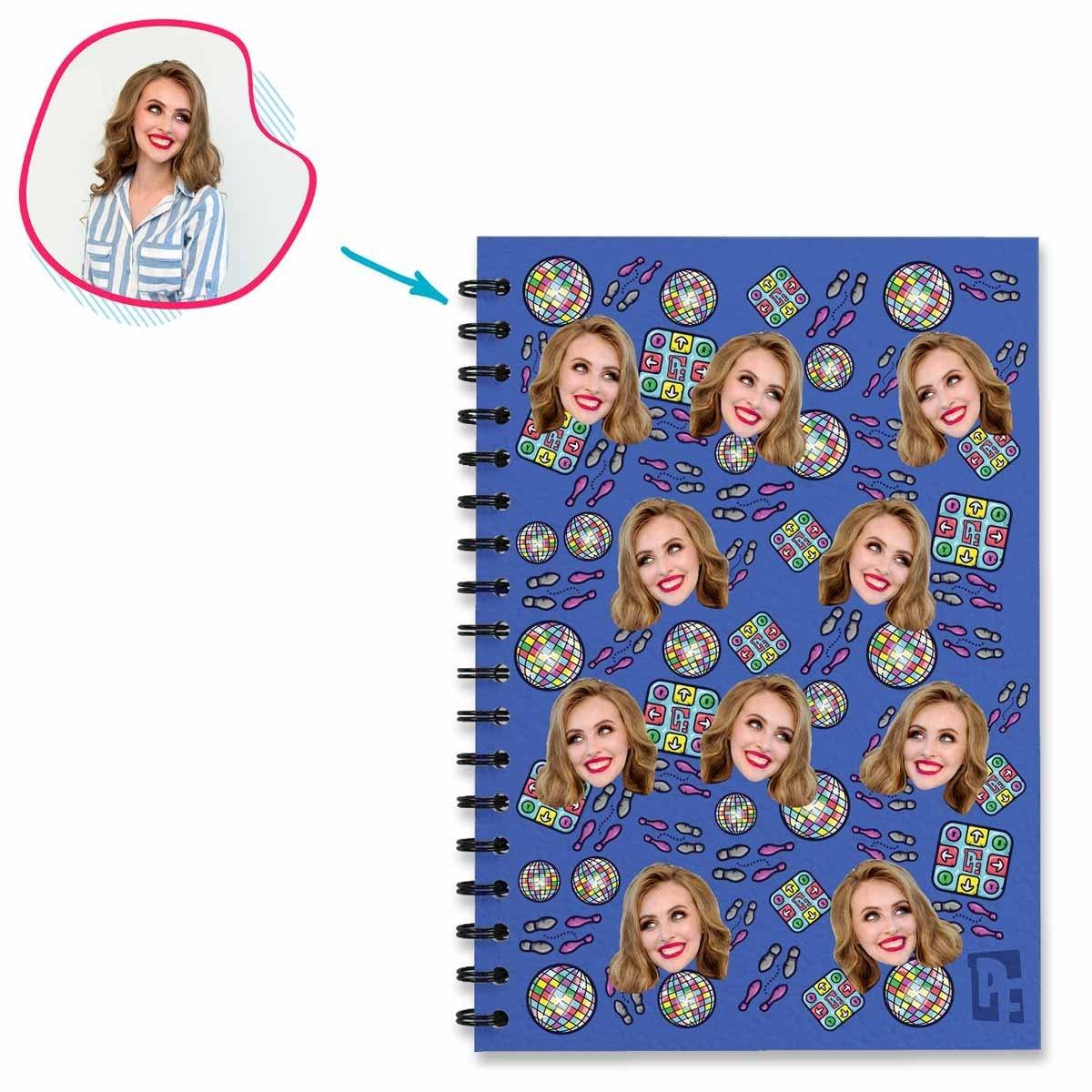 darkblue Dancing Notebook personalized with photo of face printed on them