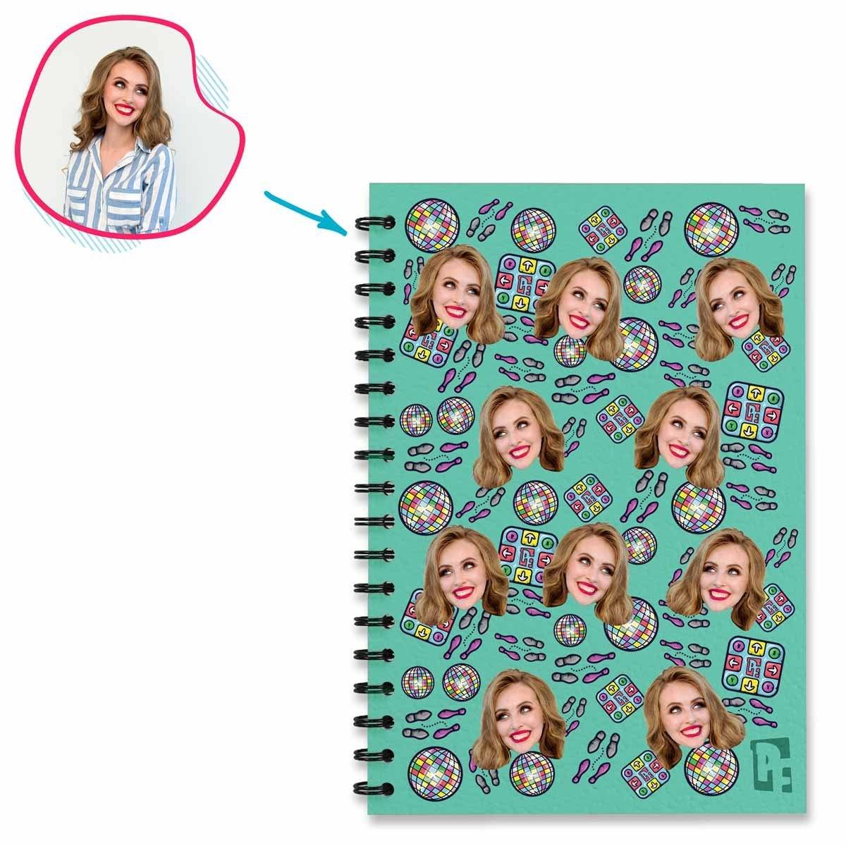 mint Dancing Notebook personalized with photo of face printed on them